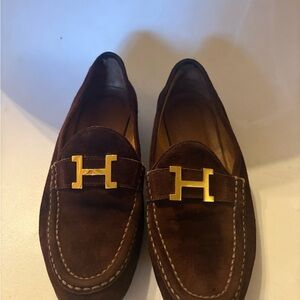Hermes Brown Suede Loafers with Gold 'H' Accent